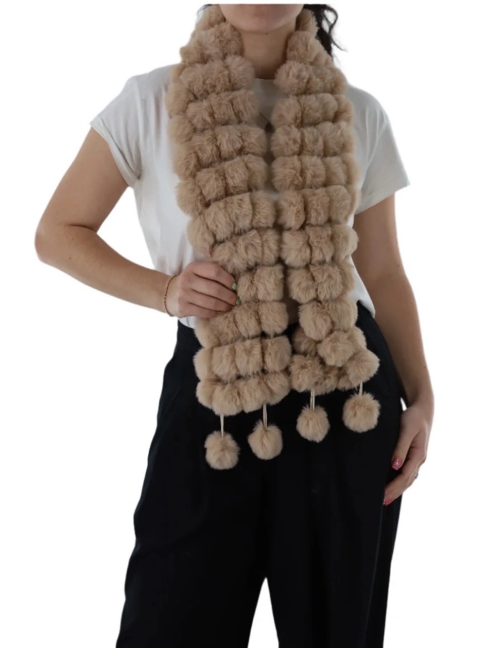 La Fiorentina Beige Faux Fur Pom Pom Scarf Muffler